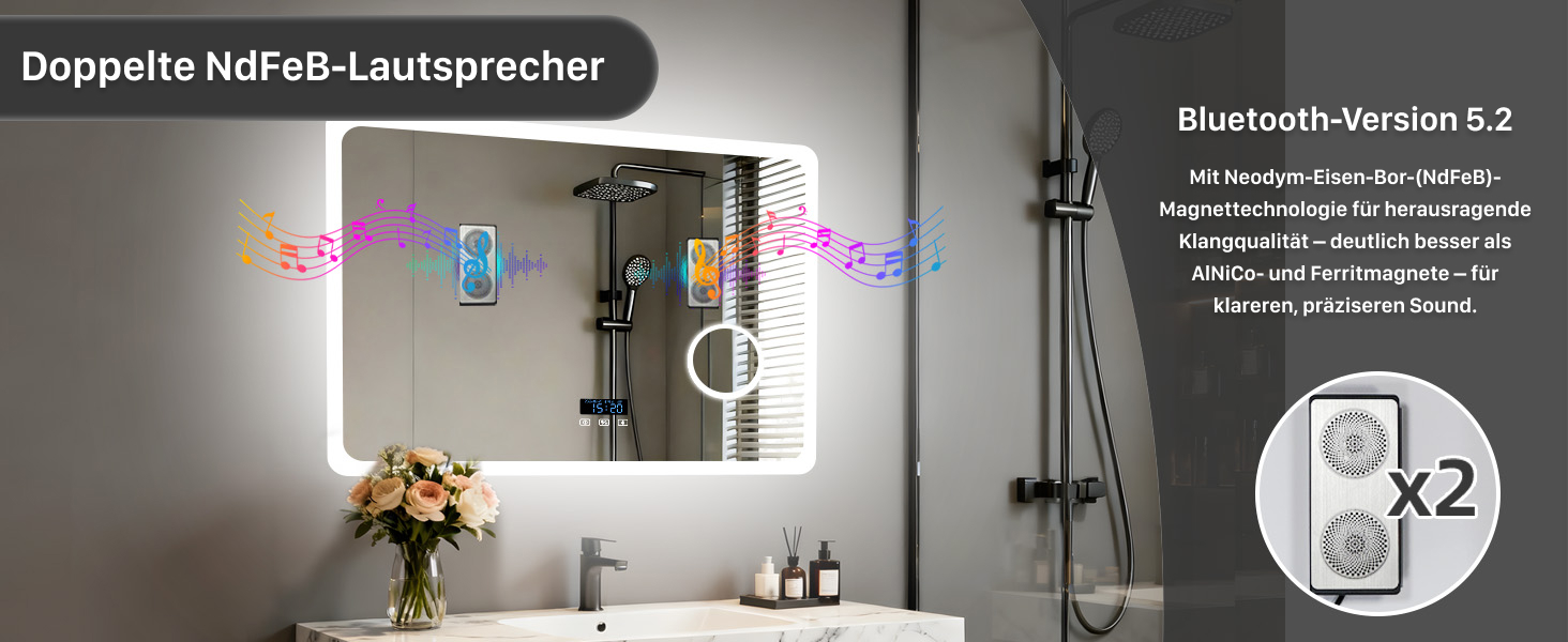 Дзеркало для ванної кімнати LUVODI з підсвічуванням 100x70 см: годинник, температура, дата, антизапар, регулювання яскравості, 3 кольори світла, функція пам'яті, LED, водонепроникність (60L x 80B см, 3x лупа + Bluetooth)