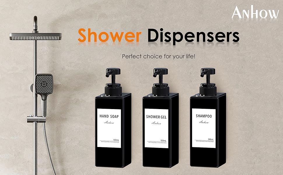 Настінний диспенсер для мила Anhow 3er PETG, 500 мл, чорний, без свердління, з 16 вологостійкими етикетками для кухні/ванної кімнати