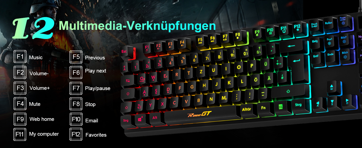 Ігрова клавіатура та миша RaceGT з підсвічуванням RGB, 104 клавіші, 7 кнопок миші, 6400 DPI, QWERTZ (DE-Layout)