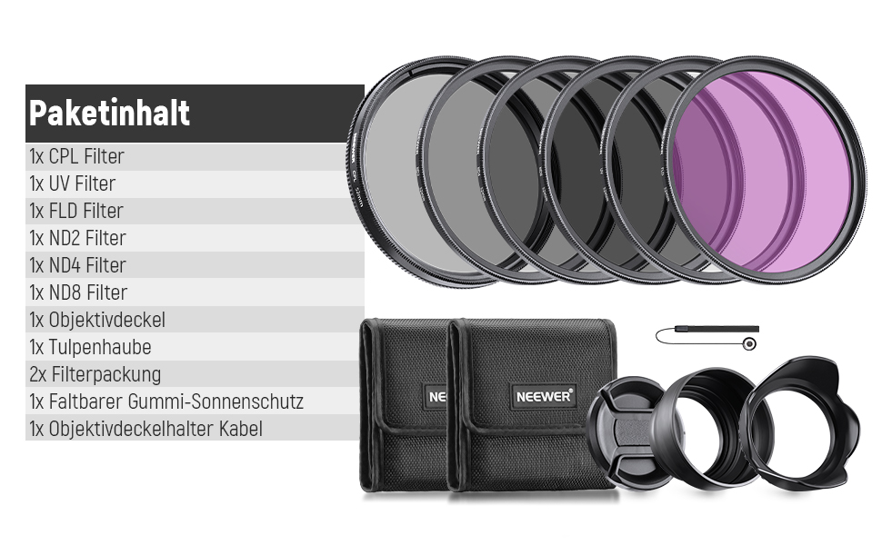 Набір фільтрів NEEWER 52mm ND/UV/CPL: ND2, ND4, ND8, UV, CPL, FLD, з кришкою об'єктива та блендою