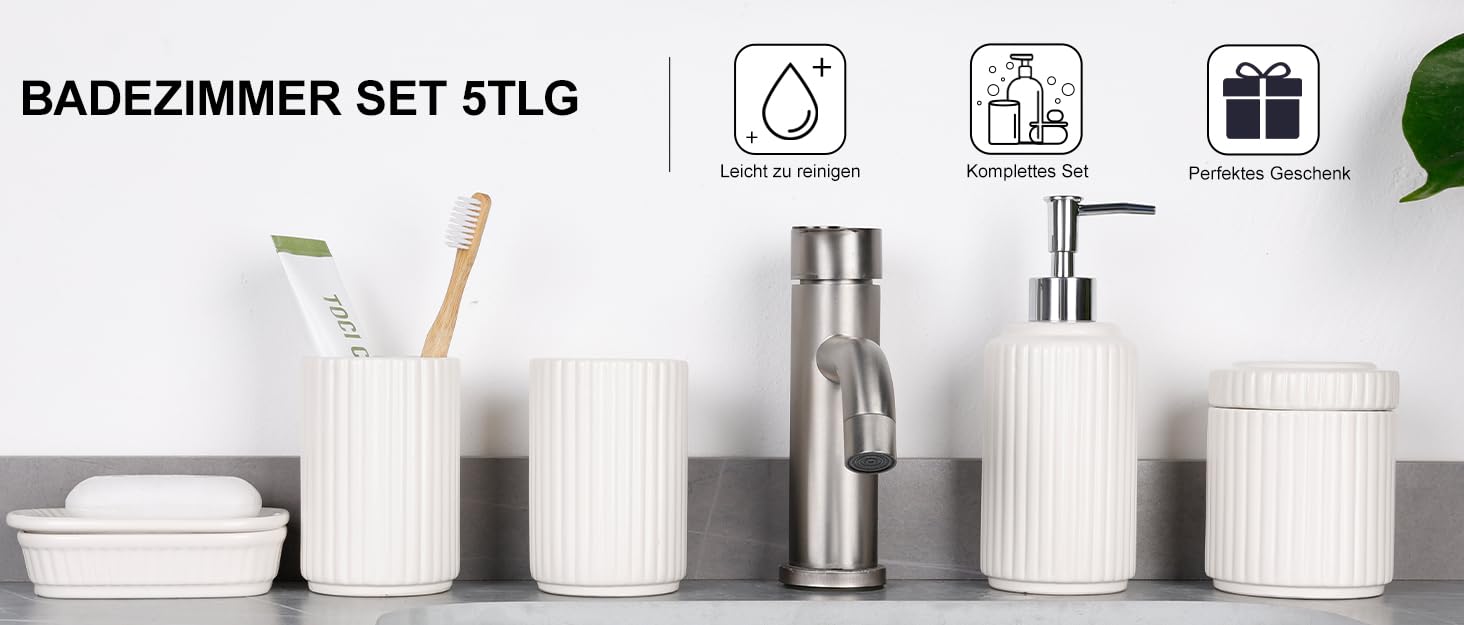 Набір для ванної кімнати NOVAJOY (5 предметів) – керамічний органайзер, мильниця, дозатор для мила, тримач для зубних щіток, контейнер для ватних паличок, бежевий