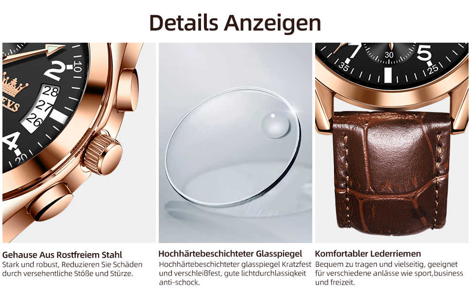 Чоловічий годинник OLEVS Vintage з шкіряним ремінцем, велике циферблат, водонепроникний, аналоговий годинник з датою (2878, чорний циферблат/коричневий ремінець)