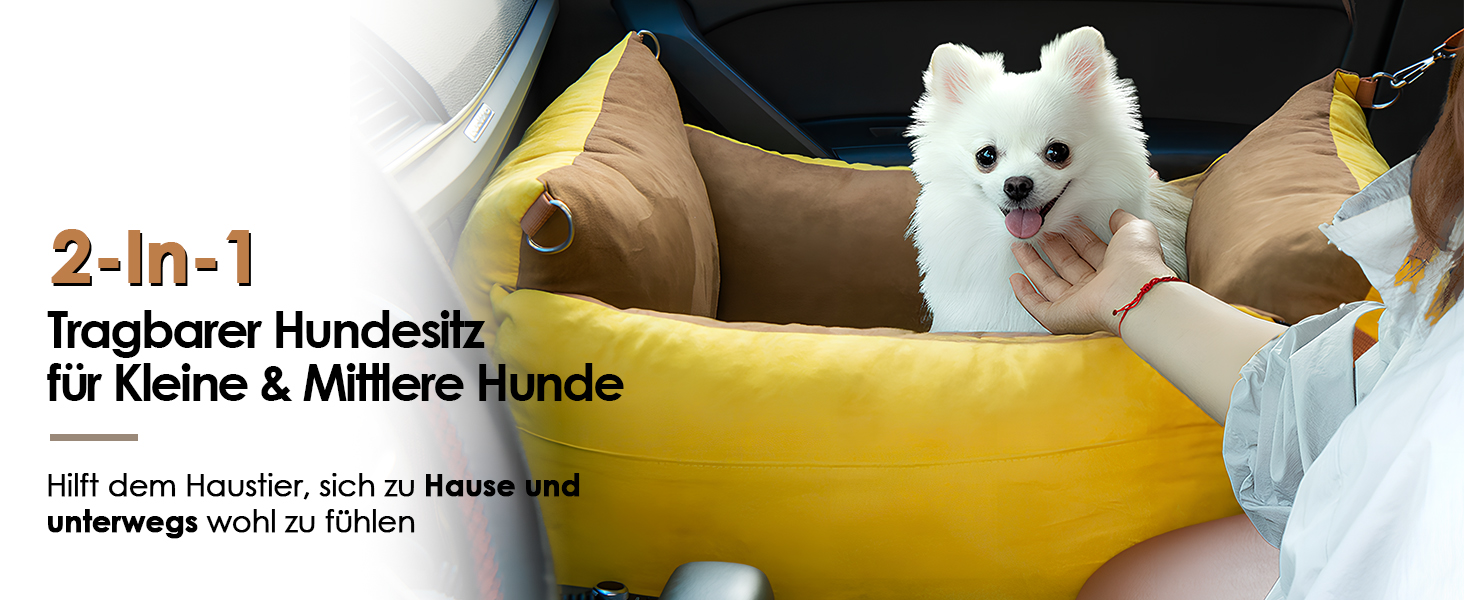 Portable Dog Car Seat for Small & Medium Dogs Under 15KG - Washable Travel Bed with Storage & Safety Belt (Green & Yellow)
