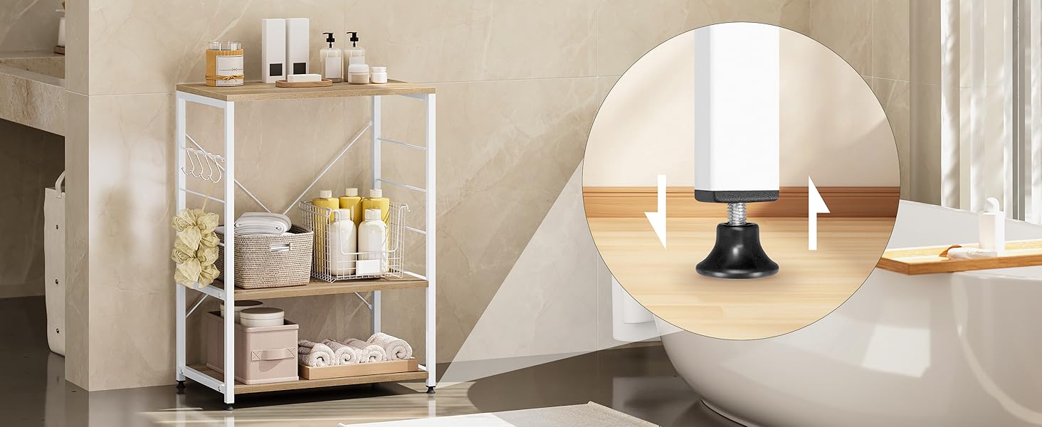 Kitchen Shelf, Microwave Shelf with 4 Hooks, Baking Shelf with 3 Tiers, Storage Shelf for Kitchen, Cafe, Living Room, Bathroom, 60 x 82 x 40 cm, Light Oak + White