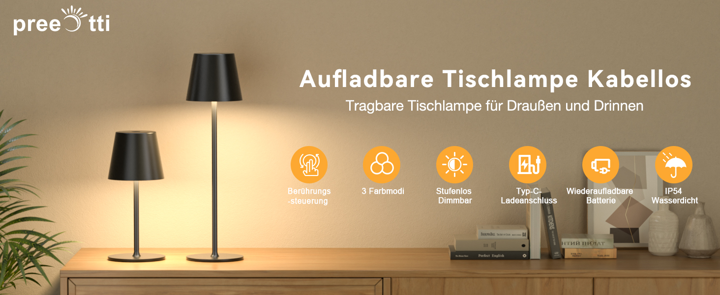 Набір з 2 бездротових настільних світильників LED з акумулятором, сенсорне регулювання яскравості, 3 режими кольору, USB-C зарядка для спальні, столу, кемпінгу (Чорний)