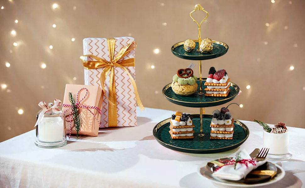 Підставка для капкейків та десертів з кераміки, 3-ярусна, зелена | Підставка для фруктів та тістечок