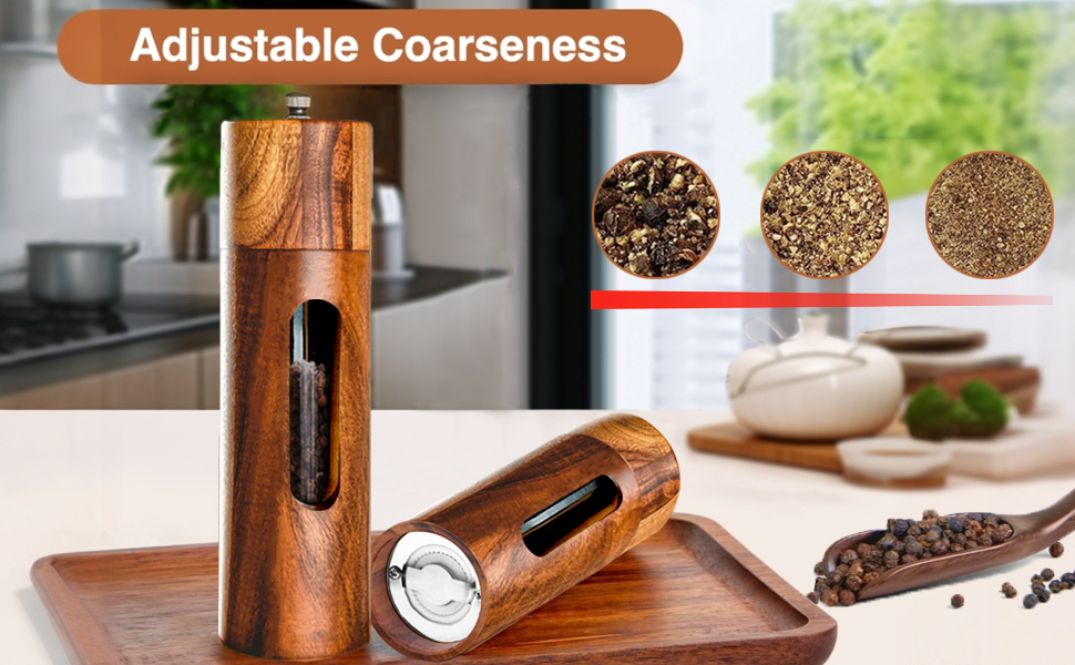 Механічна водяна млин для перцю та солі, набір 2 шт. з регулюванням помелу, керамічний жорно, з підставкою, 21.5 см
