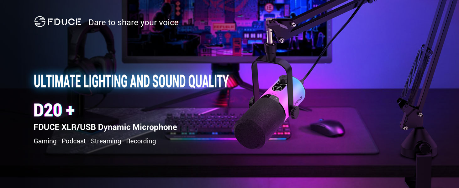 Ігровий мікрофон FDUCE з USB/XLR підключенням для стрімінгу, запису подкастів та співу з RGB-підсвіткою, регулятором посилення та навушниками (D20+)