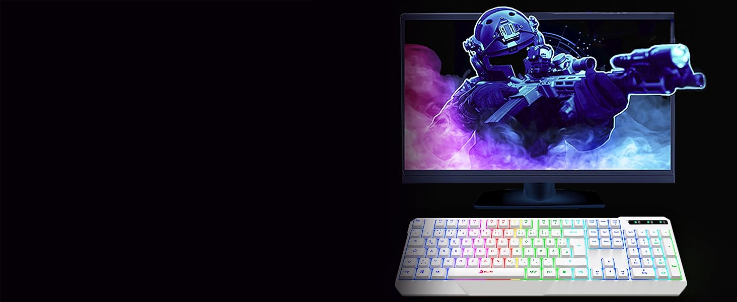 KLIM Chroma Wireless Gaming Tastatur: Бездротова ігрова клавіатура з RGB підсвічуванням, тиха, ергономічна, водонепроникна, для PC, Mac, PS4, PS5