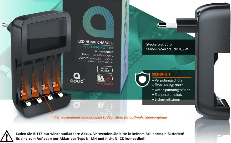 Зарядний пристрій CSL для акумуляторів AA/AAA NiMH з LCD-дисплеєм, 4 слоти, чорний