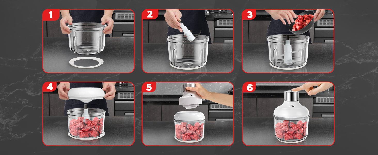 Електричний міні-чопер Bear 0.6L+2L: подрібнювач/м'ясорубка з 4-ма лезами з нержавіючої сталі, скляний контейнер для м'яса, дитячого харчування, фруктів та овочів