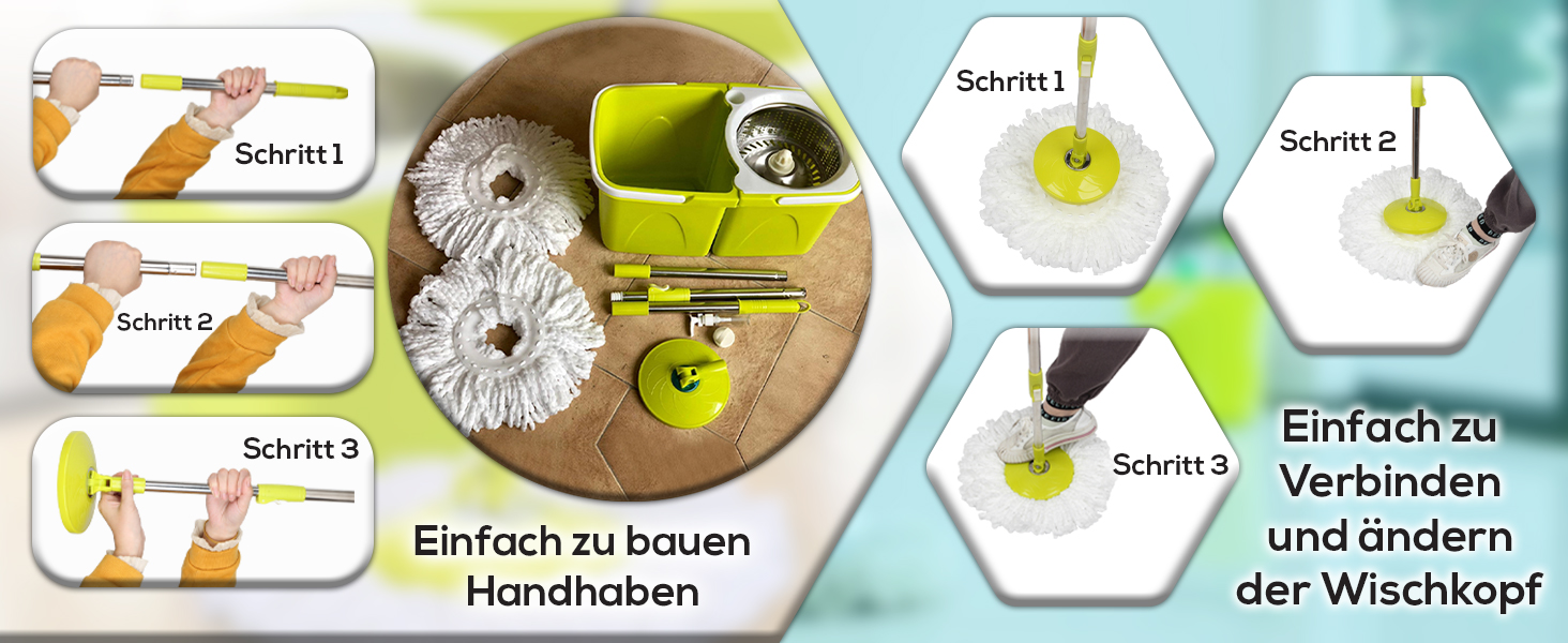 Набір для миття підлоги ARSUK з відром та механічним віджимом – набір для прибирання будинку | Відро для миття підлоги з мікрофіброю та 360° обертанням – ідеально для паркету, плитки та ламінату | 4 змінні насадки та утримувач для швабри з ароматом лимона