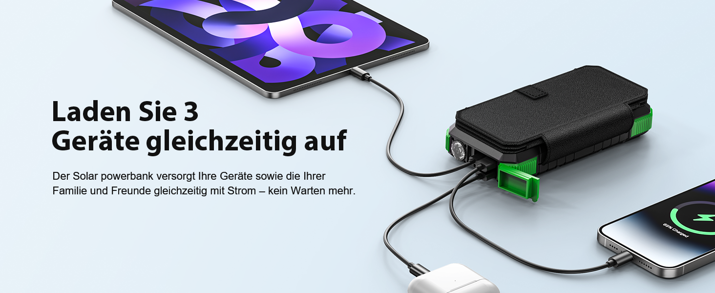 Сонячний Power Bank WASTDE 26800mAh з сонячною панеллю, чорний: зарядний пристрій для телефону, планшета, з ліхтариком (SOS), водонепроникний, для кемпінгу та подорожей