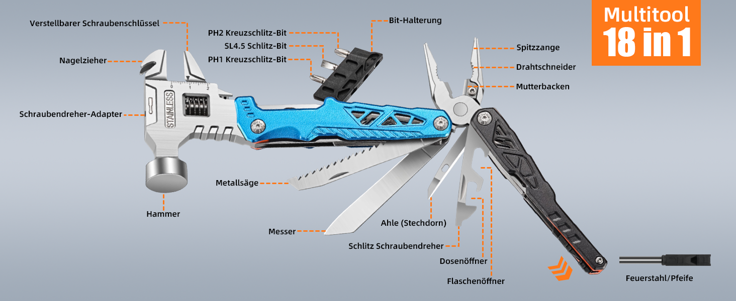 Мультитул Rollgabelschlüssel 18 в 1: преміум-мультитул з титанової сталі для чоловіків, кемпінгу, відпочинку на природі та надзвичайних ситуацій