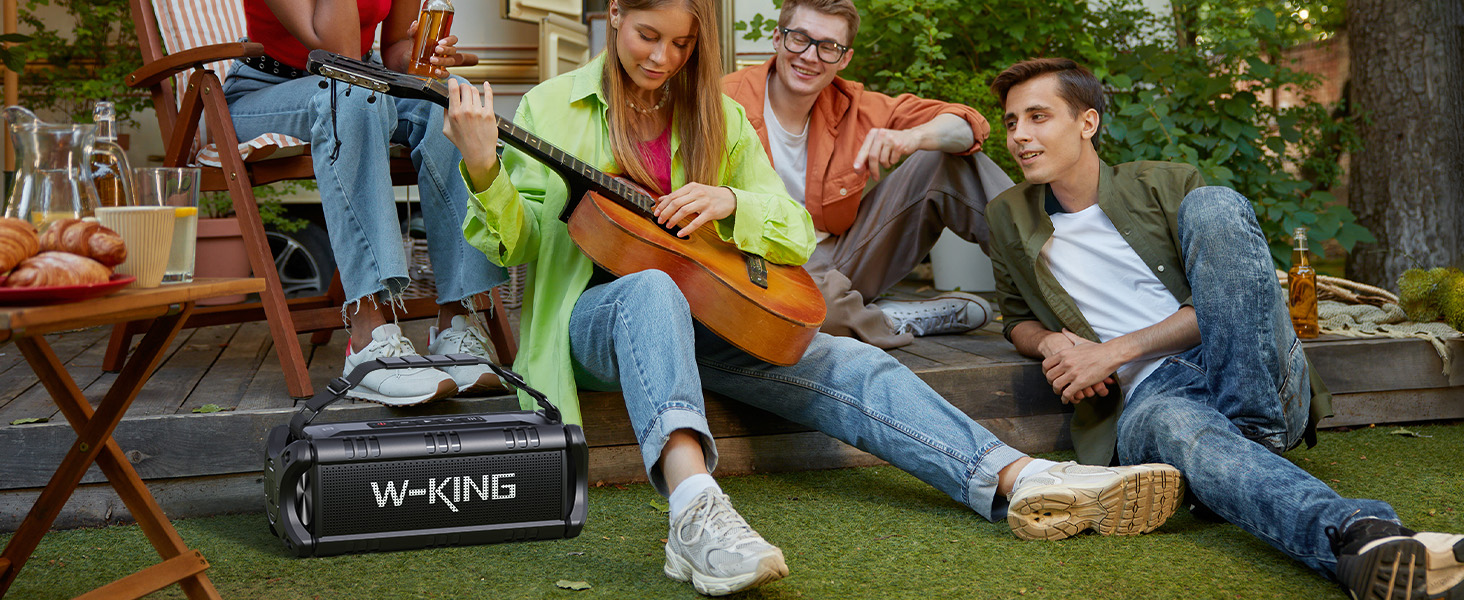 W-KING Портативна Bluetooth Колонка 90W з Глибоким Басом, DSP, 40 годин акумулятора та IPX6 Захистом від Води. Підтримка Powerbank, EQ, AUX та TF-карта. Чорний Колір. Ідеально для кемпінгу, пляжу та саду.