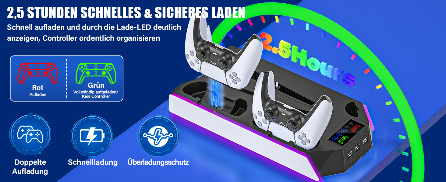 Підставка для PS5 Slim/Pro з зарядною станцією для контролера PlayStation 5 (Disc/Digital), аксесуари PS5 з RGB підсвіткою, вентилятор, тримач для навушників, USB хаб, чорно-білий, Q511