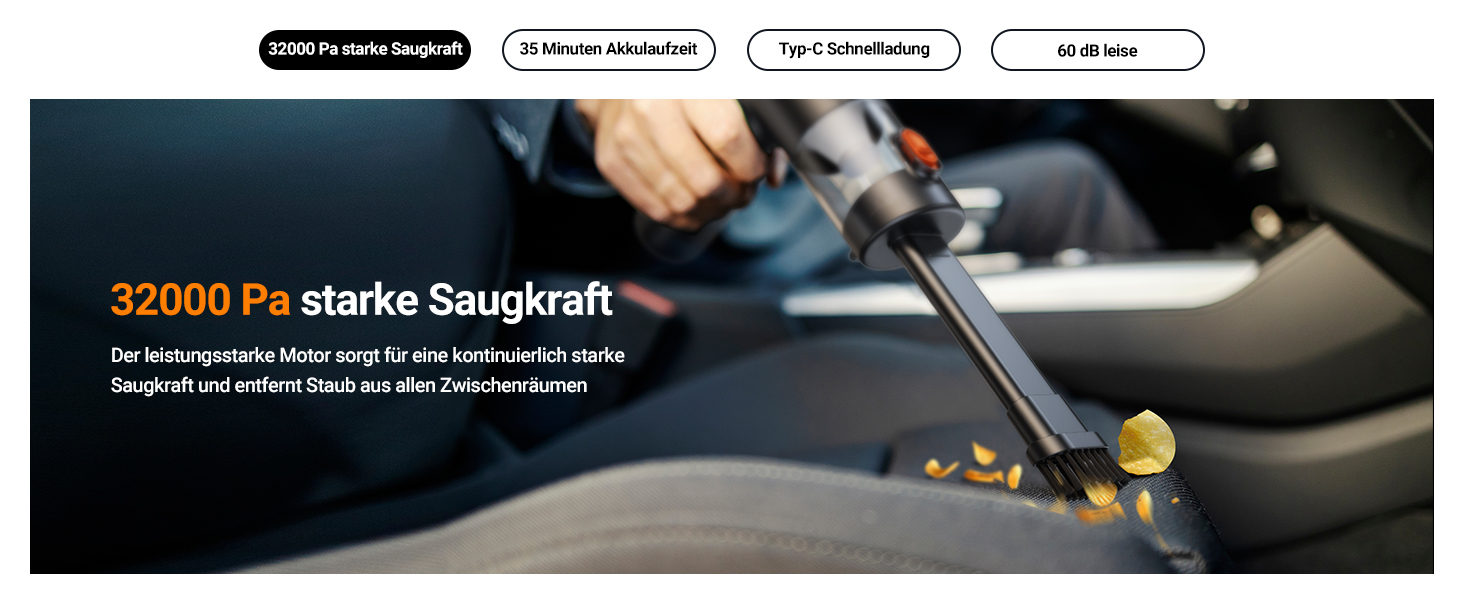 Акумуляторний пилосос SEALIGHT Handstaubsauger 32000 Pa безщітковий, міні-пилосос 4-в-1 з контейнером для пилу та чохлом для зберігання