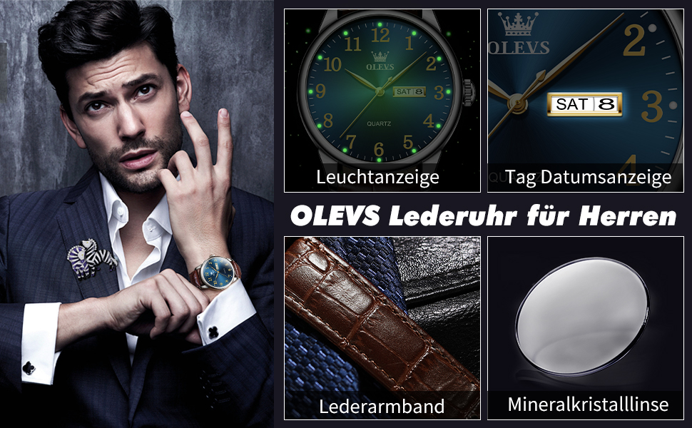 Чоловічий годинник OLEVS з нержавіючої сталі, кварцовий, аналоговий, класичний, бізнес-стиль, водонепроникний, з підсвічуванням, з датою, на шкіряному ремінці (A2 - синій циферблат/коричневий ремінь)