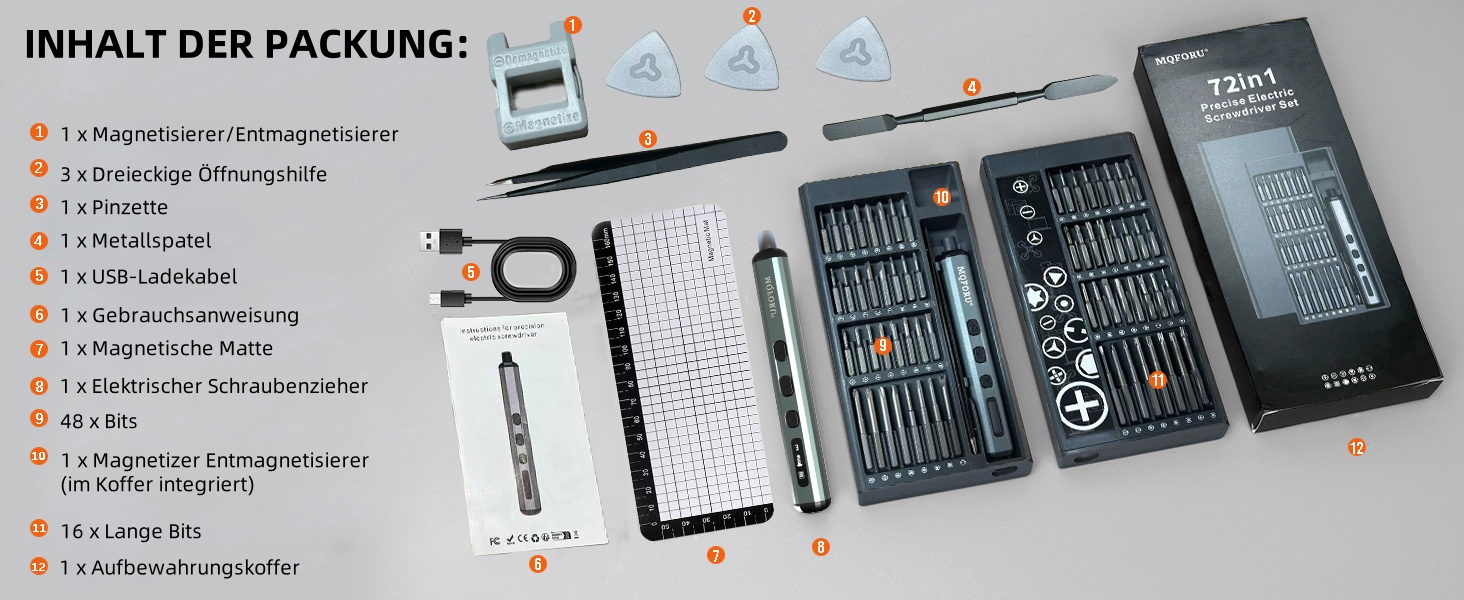 Набір мініатюрної електричної викрутки 72 в 1 з прецизійними бітами, 64 магнітні насадки, 5 режимів крутного моменту, 4 LED-лампи, для ремонту телефонів, годинників, камер