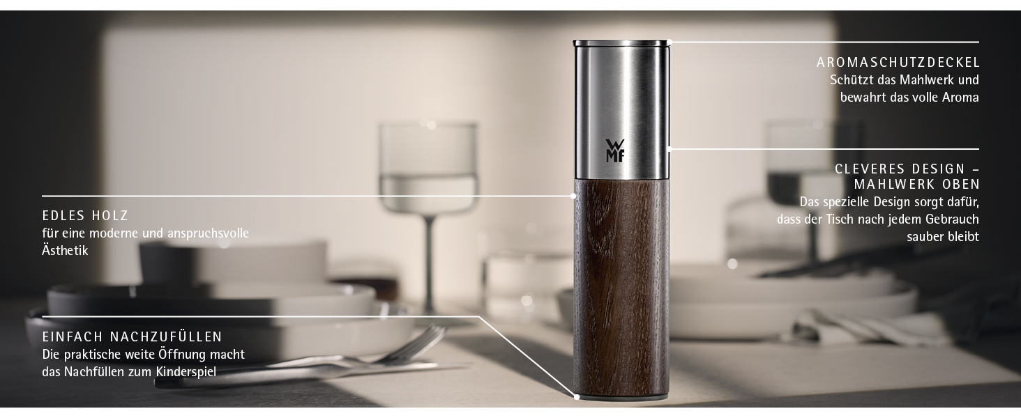 Млин для солі та перцю WMF Nature Pro з керамічним механізмом, регульованим помелом, нержавіюча сталь та дерево, ручний (темний)