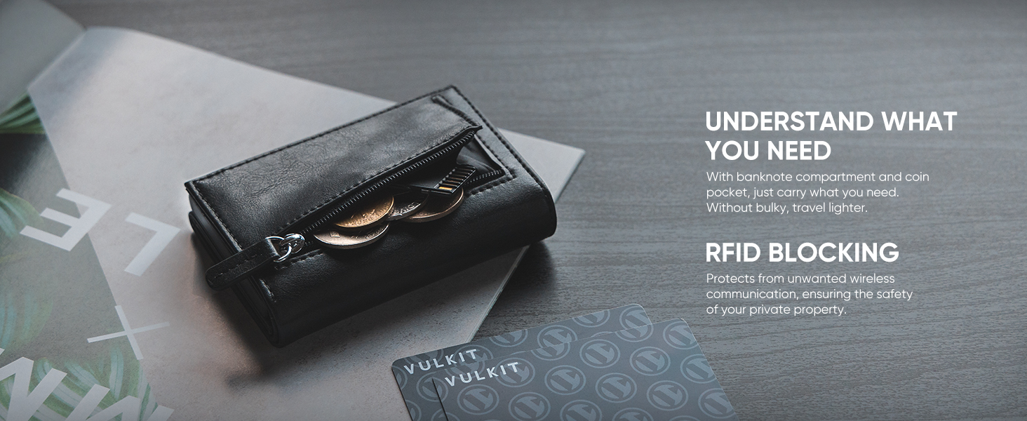 Чохл для кредитних карт VULKIT з RFID-блокуванням, з натуральної шкіри, з відділенням для грошей, віконцем для посвідчення, відділенням для монет та магнітною застібкою (Морський колір)