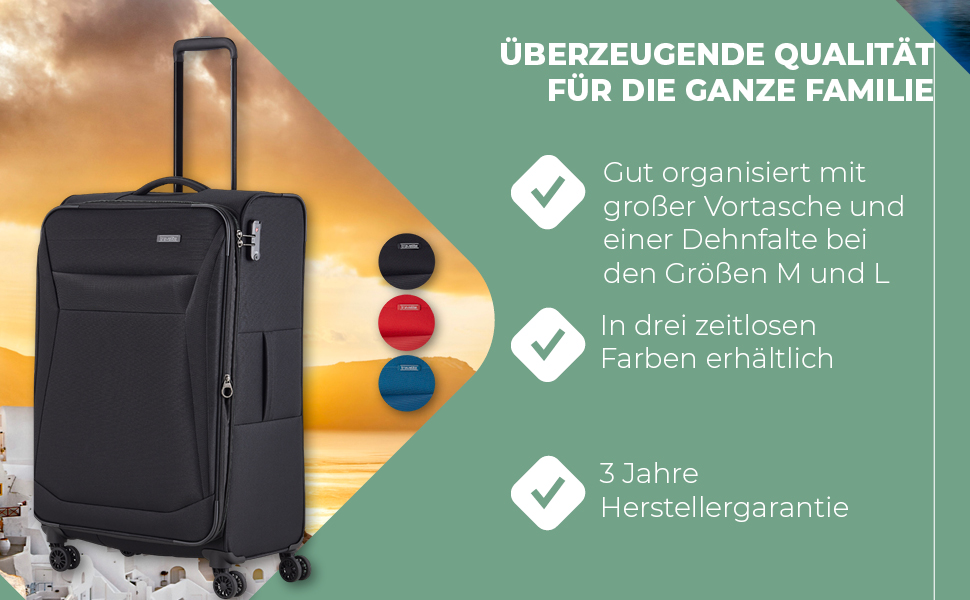 Чемодан Travelite Chios L, 78 см, 90-97 л, чорний: м'яка оболонка, захист кутів, розширюваний