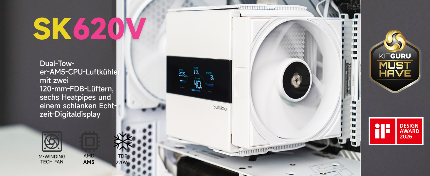 Кулер для процесора Sudokoo SK620V White AM5: двосекційний повітряний охолоджувач з цифровим дисплеєм, 6 теплотрубками та 2 вентиляторами PWM FDB 120мм, білий