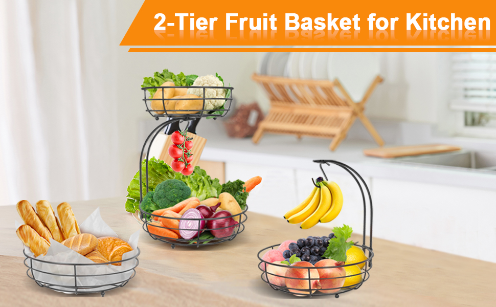Металева фруктова корзина Bomclap з підставкою для бананів - 2 яруси, чорна