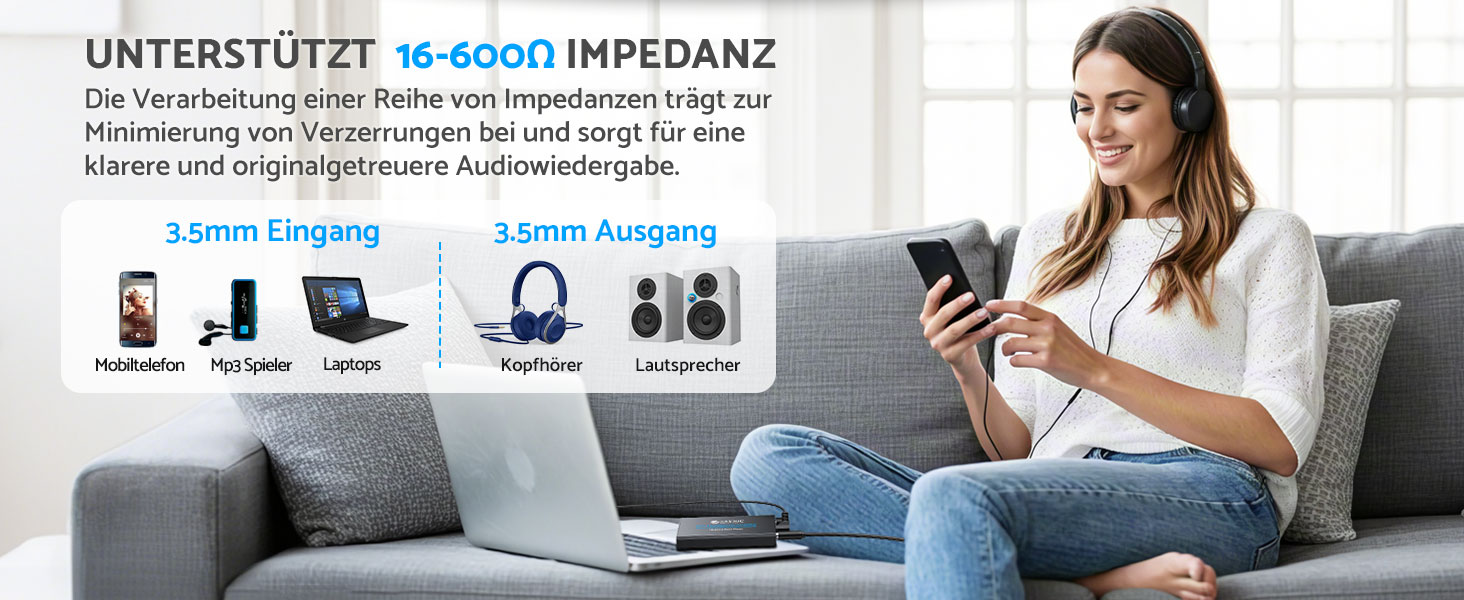 eSynic Підсилювач для навушників HiFi – портативний, з акумулятором 1000mAh, для MP3/MP4/Smartphone/PC, 16-600 Ом, 3.5mm AUX, алюмінієвий корпус