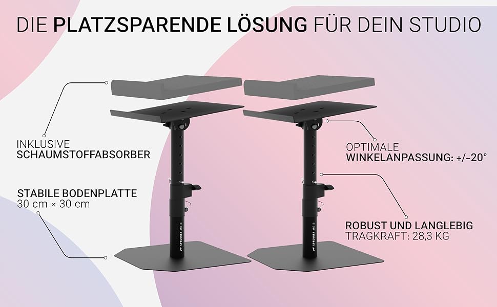 Надійні підставки для акустики зі звукопоглиначем – міцні, регульовані +/-20°, вантажопідйомність до 28 кг – ідеально для столу, студії або DJ-стілу