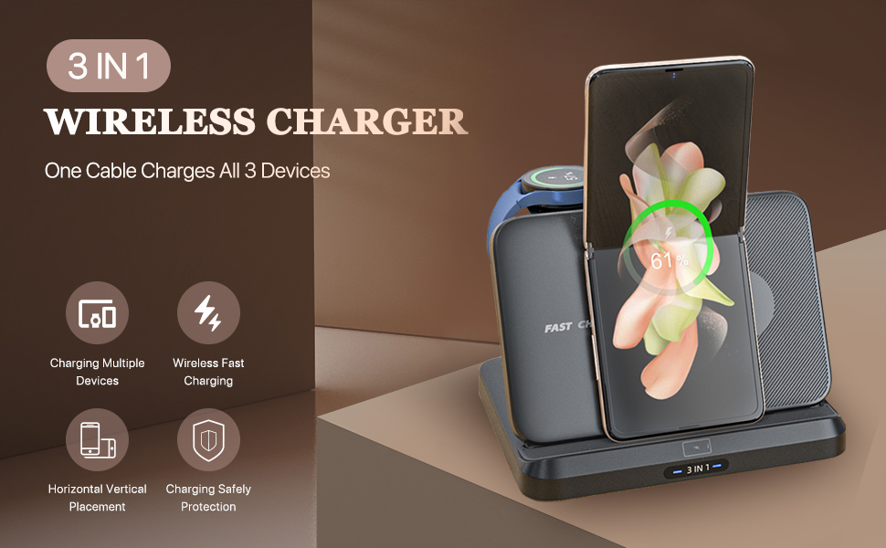 Бездротова зарядка 3-в-1 для Samsung Galaxy: S25/S24/S23/S22, Z Flip 6/5, Z Fold 6/5, Buds3 Pro/Buds3, Watch7/Watch Ultra/Watch6 (Чорний)