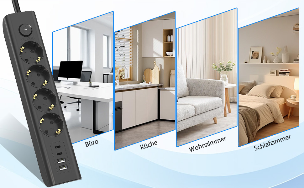 Многофункціональна мережева розетка 8 в 1 з USB, 3680W, з вимикачем, 16A, 2 USB-C, для смартфонів, ноутбуків, iPad, білий/чорний, 1.8м кабель