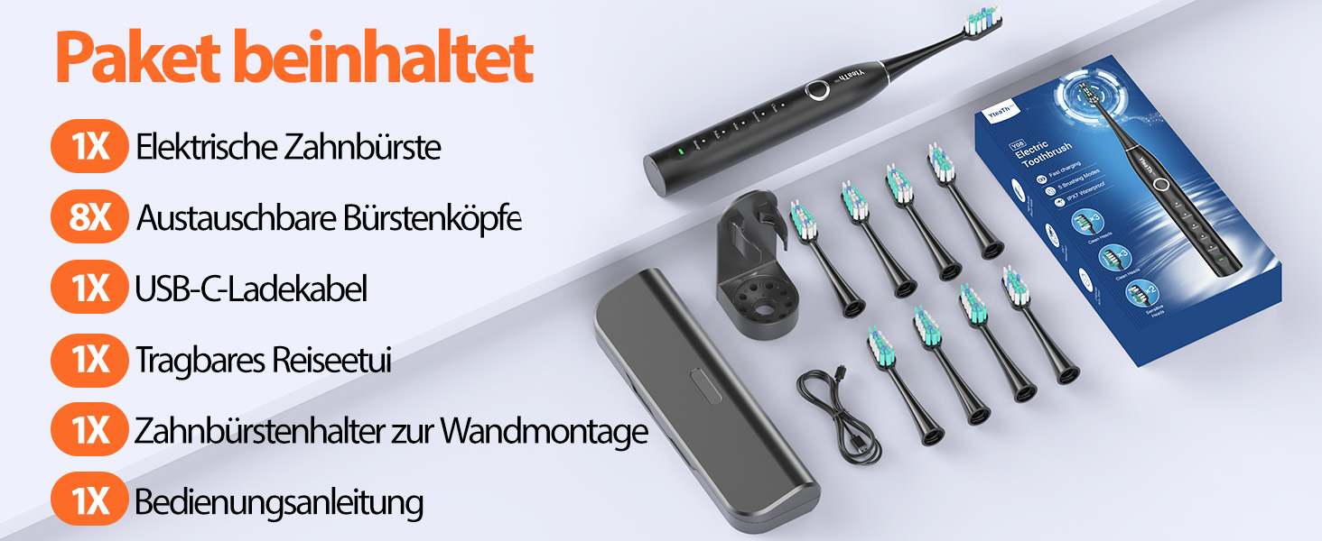 Електрична зубна щітка зі звуковими вібраціями, 8 насадок (3 типи), таймер, 120 днів роботи від акумулятора, 5 режимів чищення, чорний колір, для дорослих, з зарядною станцією