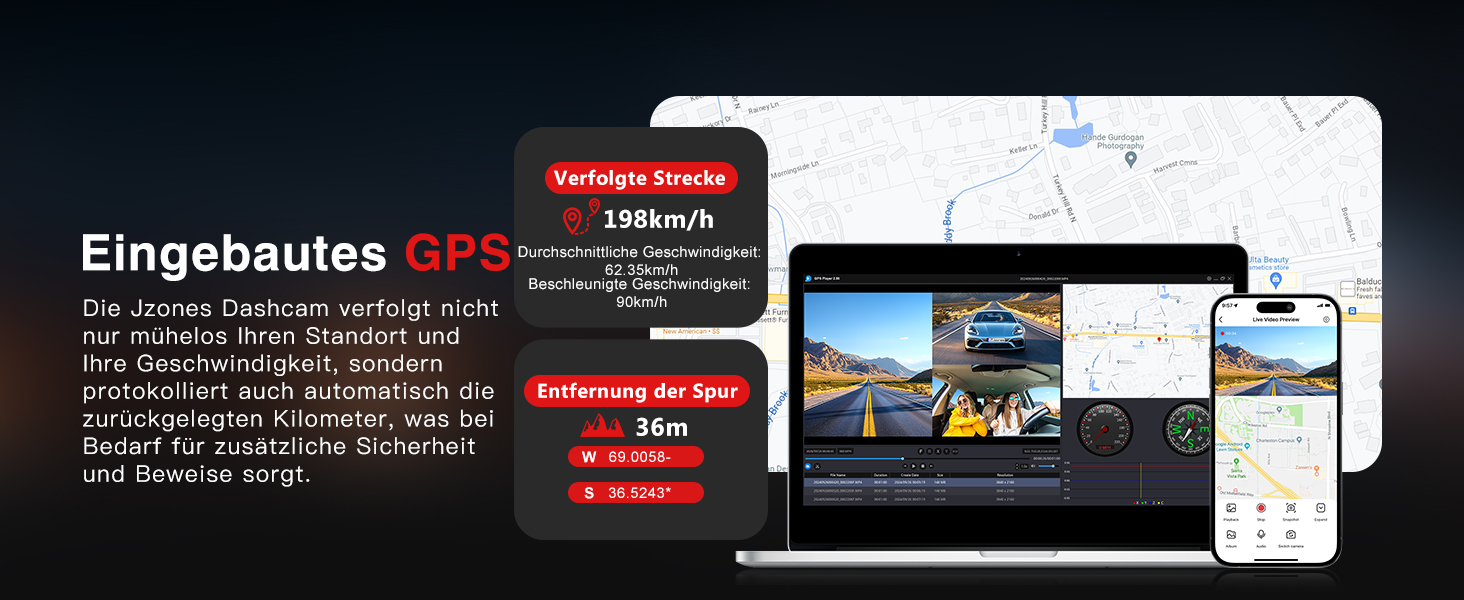 Відеореєстратор Jzones з GPS, WiFi, 4K+1080P, потрійна камера (передня, задня, внутрішня), 64GB SD, G-сенсор, нічне бачення, паркувальний режим, керування через додаток