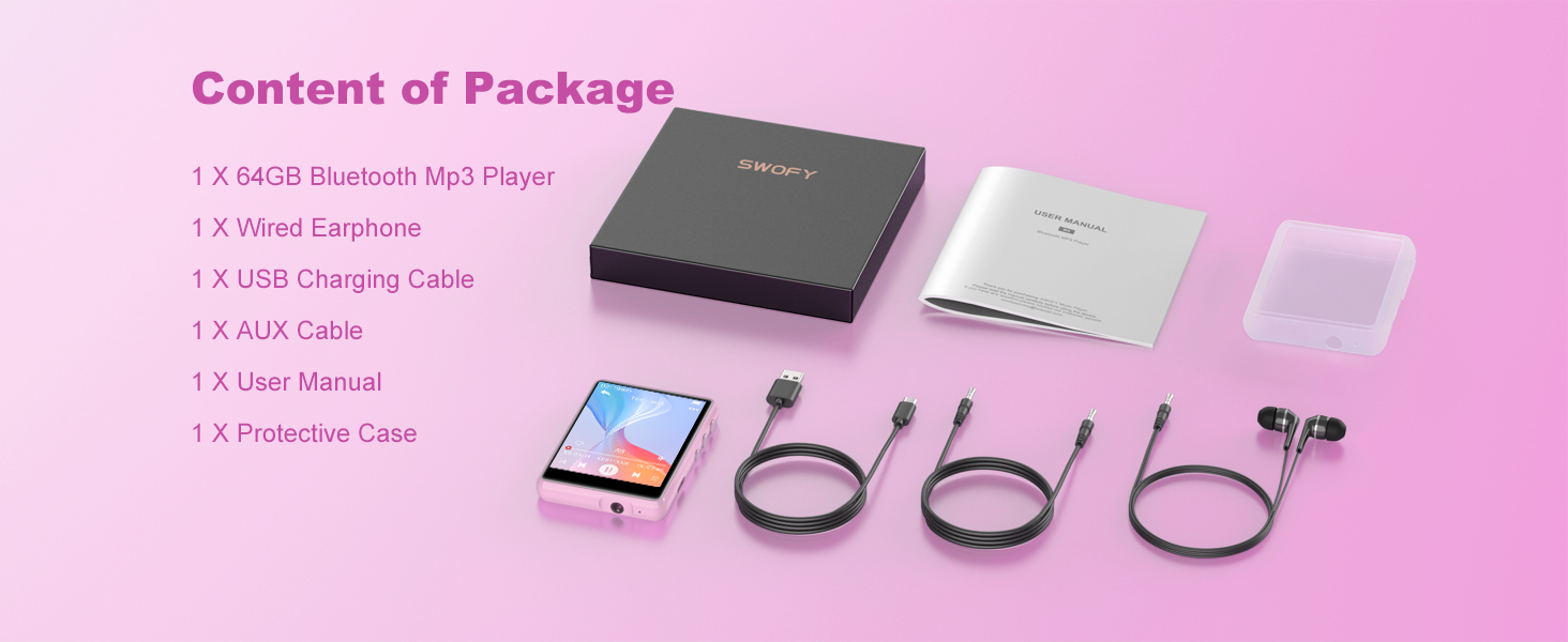 MP3 плеєр SWOFY з Bluetooth 5.3, 64ГБ, HiFi звук, вбудований динамік, FM-радіо та диктофон, 2.4