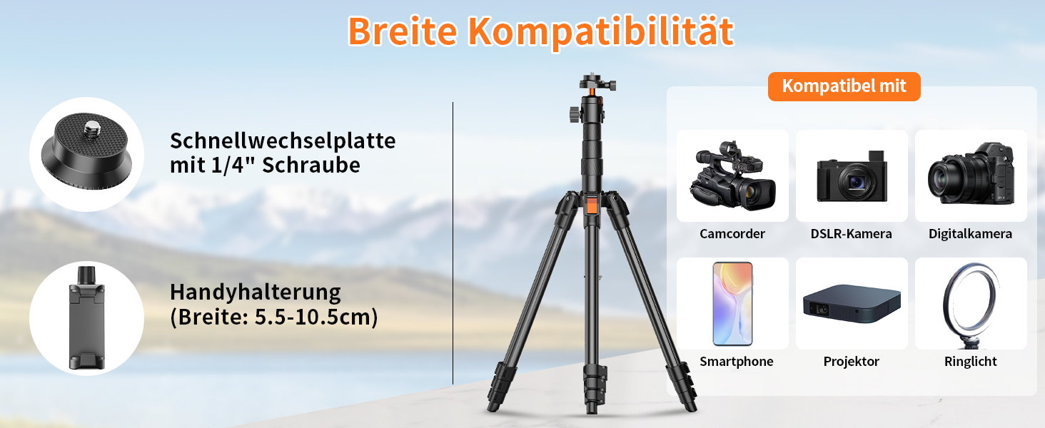 Штатив для камери XXZU 180 см, легкий, для DSLR/смартфона, з кульковою головкою 360° та 1/4-дюймовою різьбою, чорний