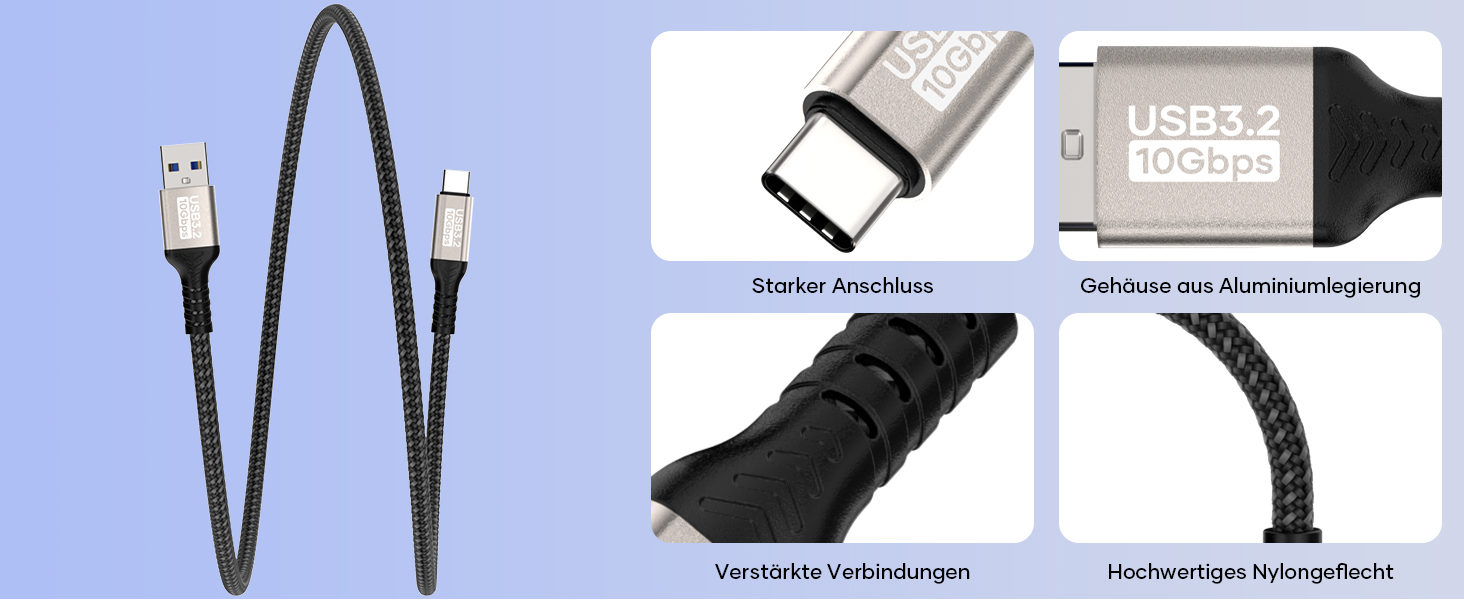 Кабель USB-A на USB-C 0.5м, 10 Гбіт/с, 60W, 3A, для iPhone 16/15/Pro Max, Samsung Galaxy S24/S23/S22/S21, iPad Pro, SSD та інших пристроїв