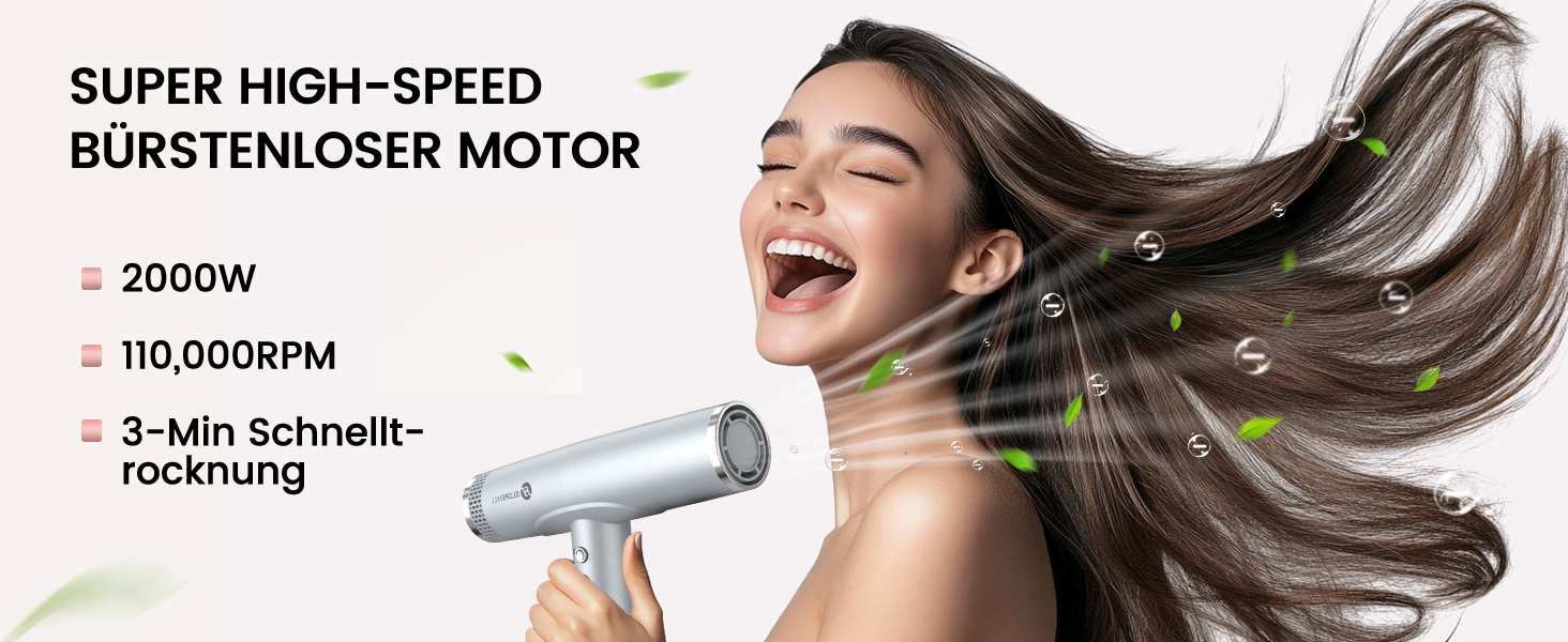 Іонізатор для волосся Slopehill, 110 000 обертів/хв, швидке сушіння, магнітний дифузор, тиха робота, біокераміка, для дому, подорожей, салону (світло-сірий)