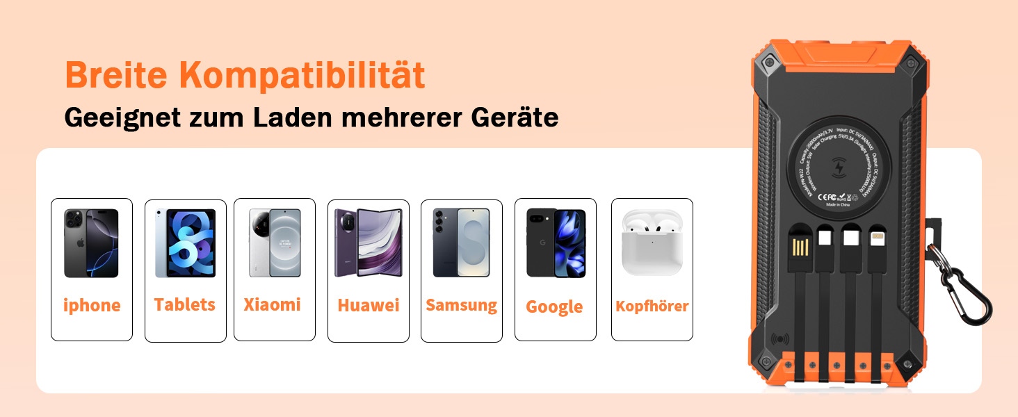 Power Bank Solar GOODaaa 26800mAh з 6 виходами, 4 входами, 15W, для мобільних пристроїв, з ліхтариком та карабіном (Оранжевий)