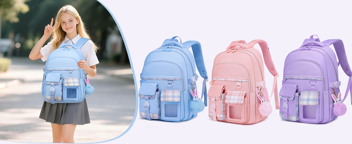 Шкільний рюкзак для дівчаток, водонепроникний та дихаючий, для 1-5 класів з відділом для ноутбука, рюкзак для дівчаток + ізольована ланч-торбинка + пенал, блакитний (світло-блакитний)