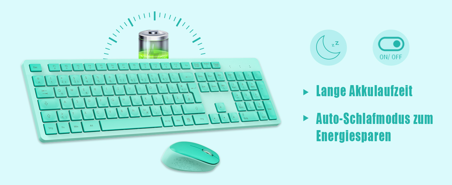 Бездротовий комплект клавіатури та миші Leadsail K786 з цифровою клавіатурою QWERTZ (німецька версія) - тиха клавіатура, 2.4 GHz, USB Nano приймач для ПК/ноутбука (зелений)