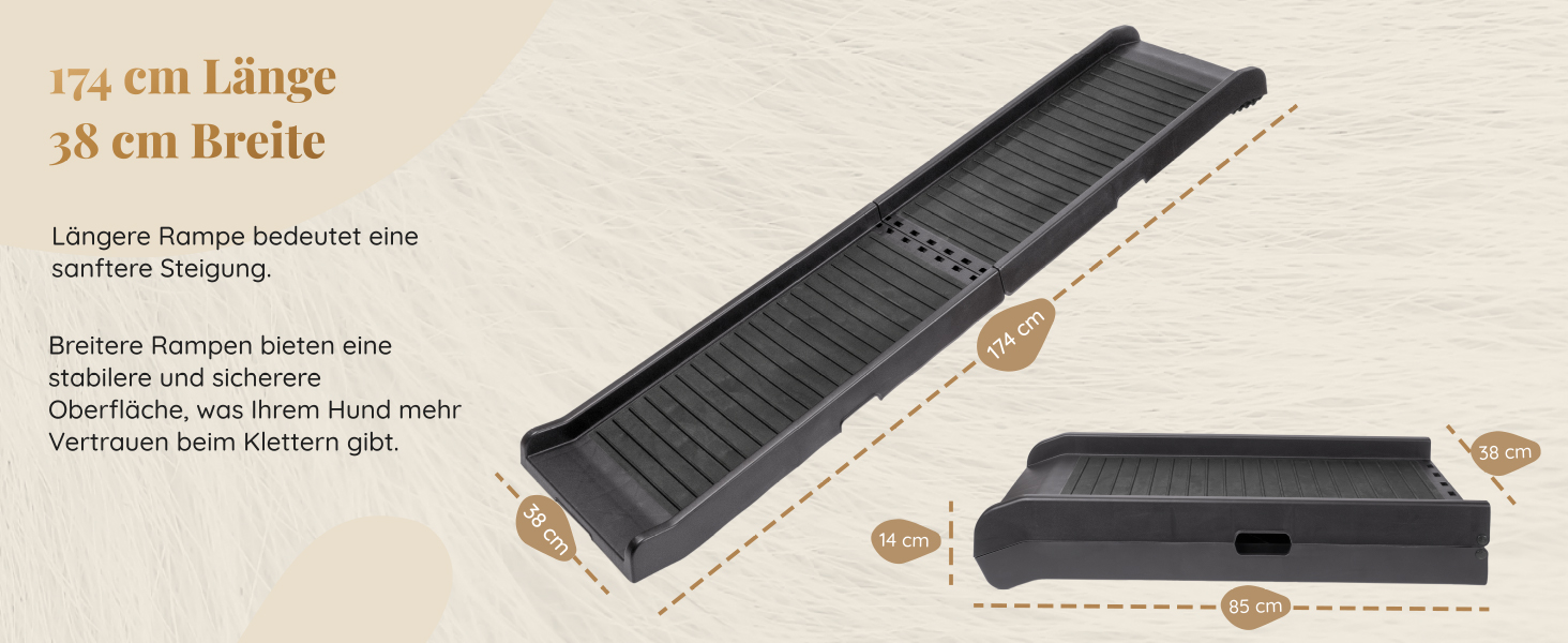 Східці для собак у машину – складані, 174 см, 38 см, з гумовим покриттям – для великих собак, підходить для авто та SUV – вантажопідйомність 85 кг – темно-сірий колір