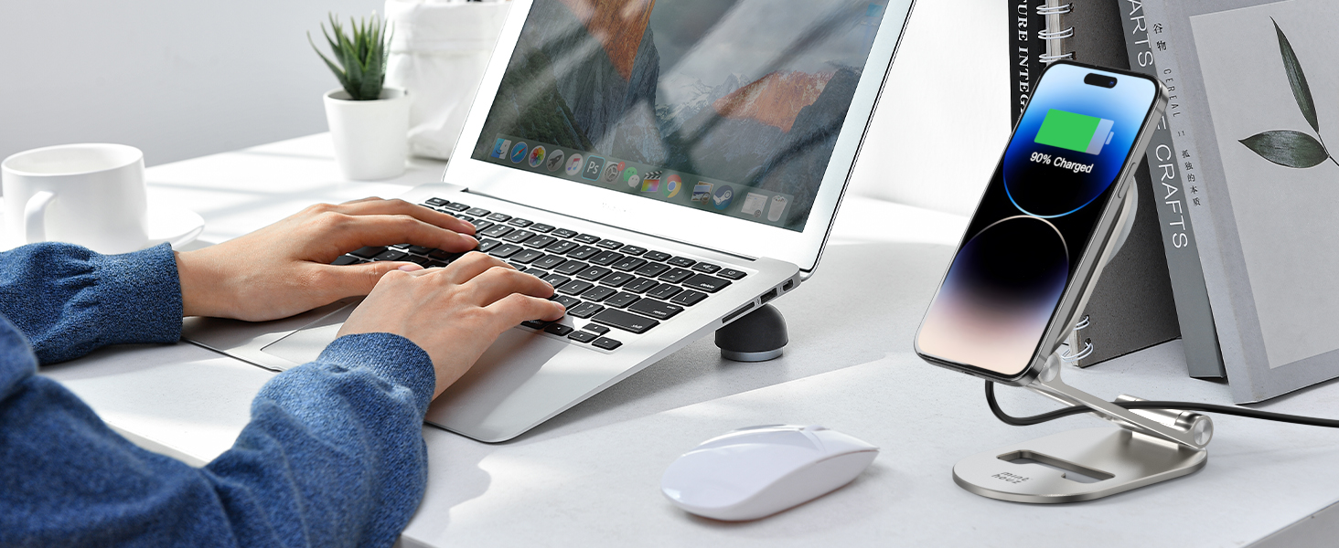 Магнітна бездротова зарядна станція Minthouz 20W USB-C: регульована підставка з алюмінію для iPhone 16, 15, 14, 13, 12 та AirPods Pro