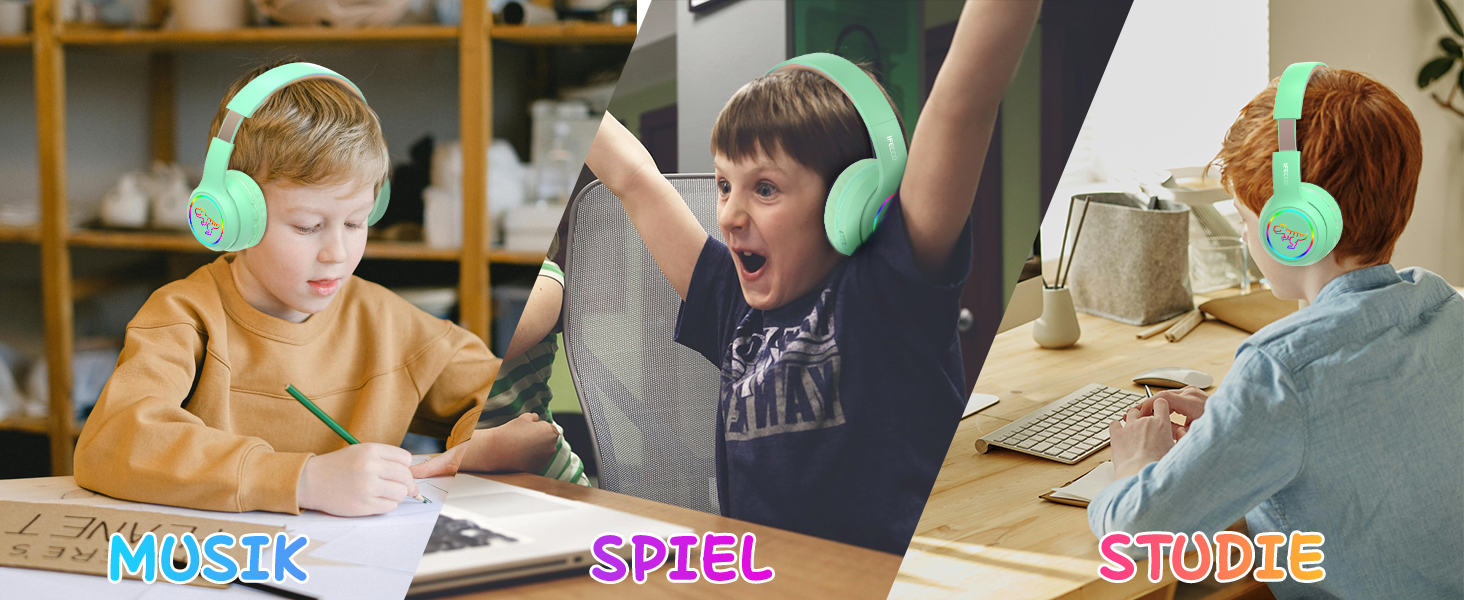 Бездротові навушники IFecco для дітей з мікрофоном, Bluetooth, LED-підсвітка, котячі вушка, чохол. Сумісні з iPad, планшетами та смартфонами.