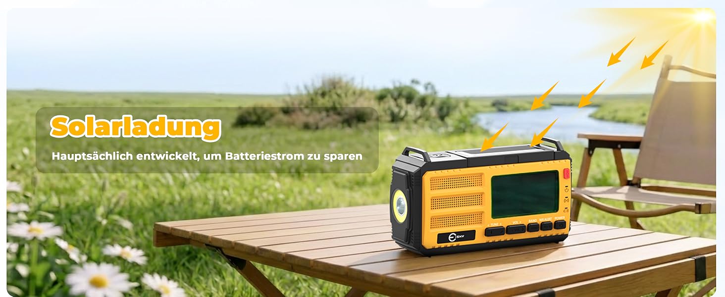Радіоприймач Esky Kurbelradio з сонячною батареєю, 10000mAh, AM/FM, USB-зарядка, LED-ліхтарик, SOS-сигнал, компас, для кемпінгу та надзвичайних ситуацій, жовтий