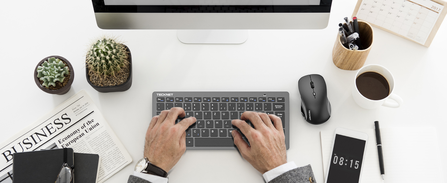 TECKNET Бездротовий Набір Клавіатури та Миші, QWERTZ, 2.4 GHz, 15м, Безшумна Клавіатура та Миша для ПК, Ноутбука, Smart TV, Білий (Сірий)