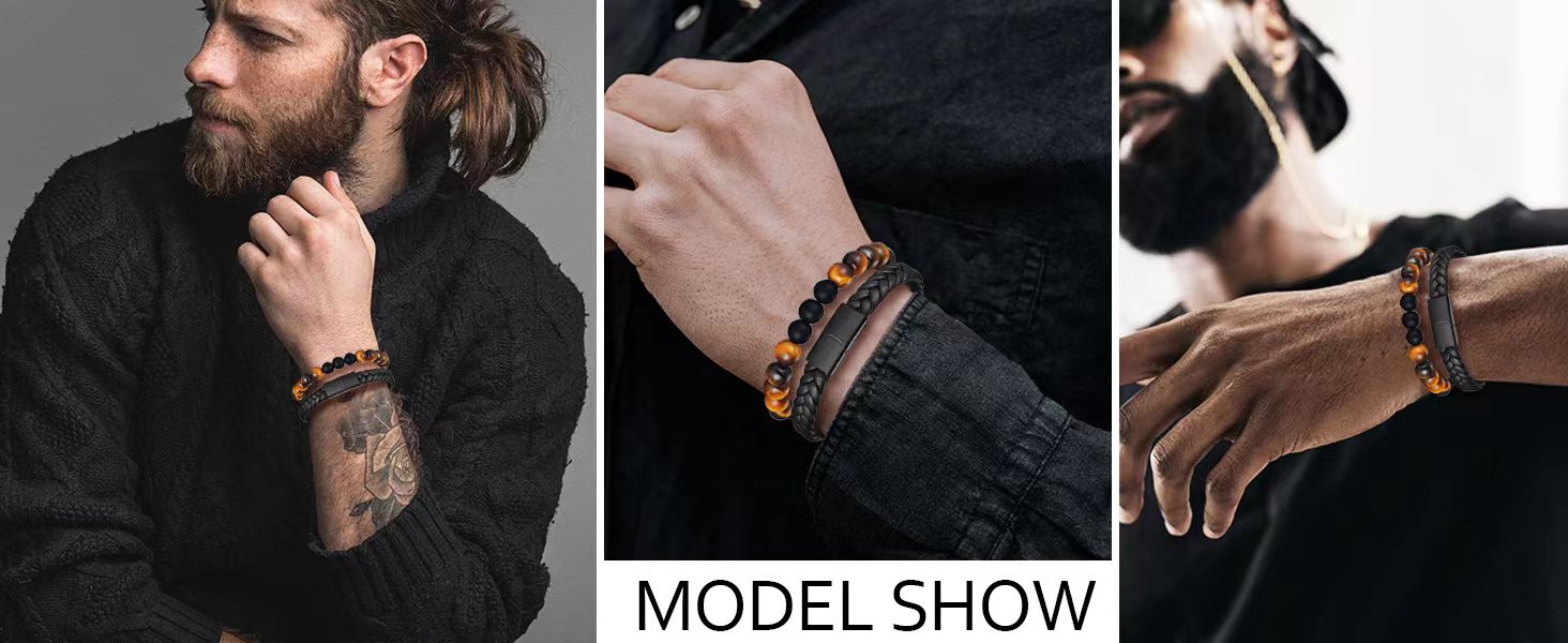 Чоловічий браслет з натуральної шкіри, чорний, плетений, з магнітною застібкою (2 шт.)