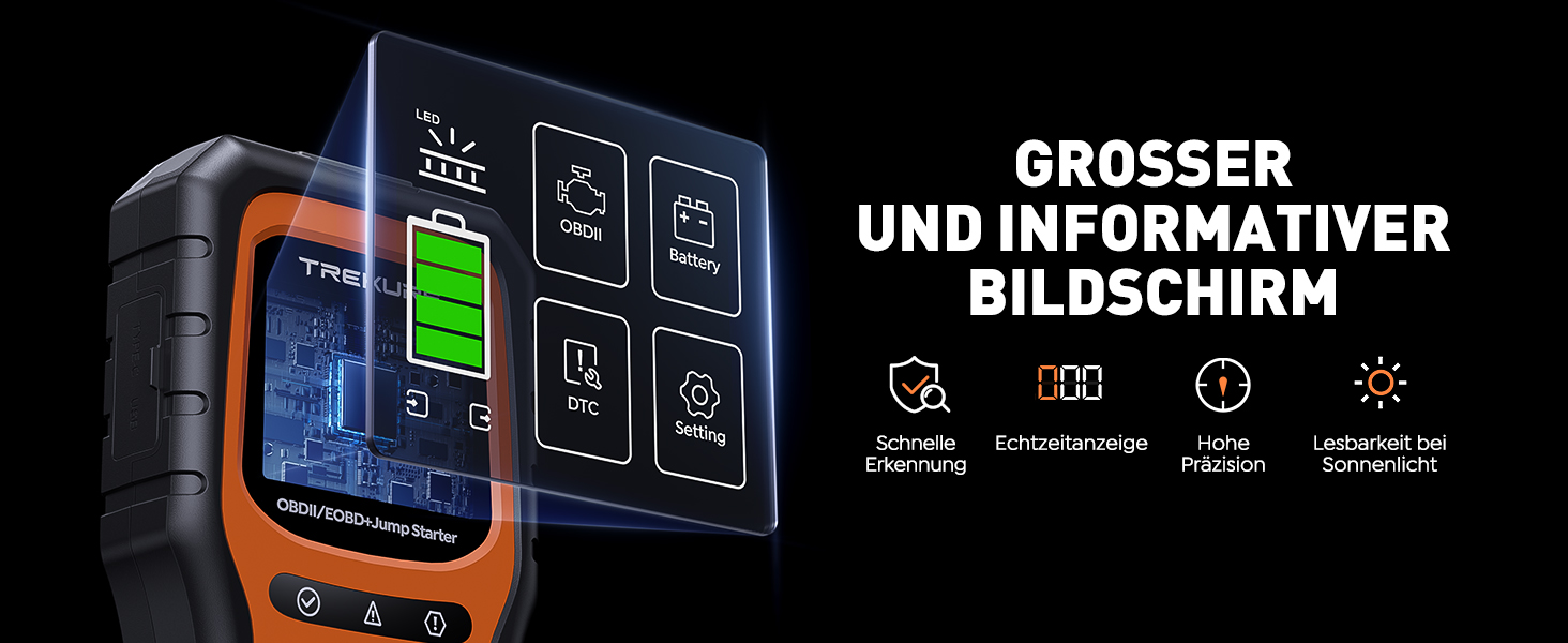 Портативний пусковий пристрій TREKURE 6000A з OBD2 діагностикою та тестом акумулятора, 12V, для бензинових та дизельних авто до 10л, з LED-ліхтариком та вогнезахистом V0