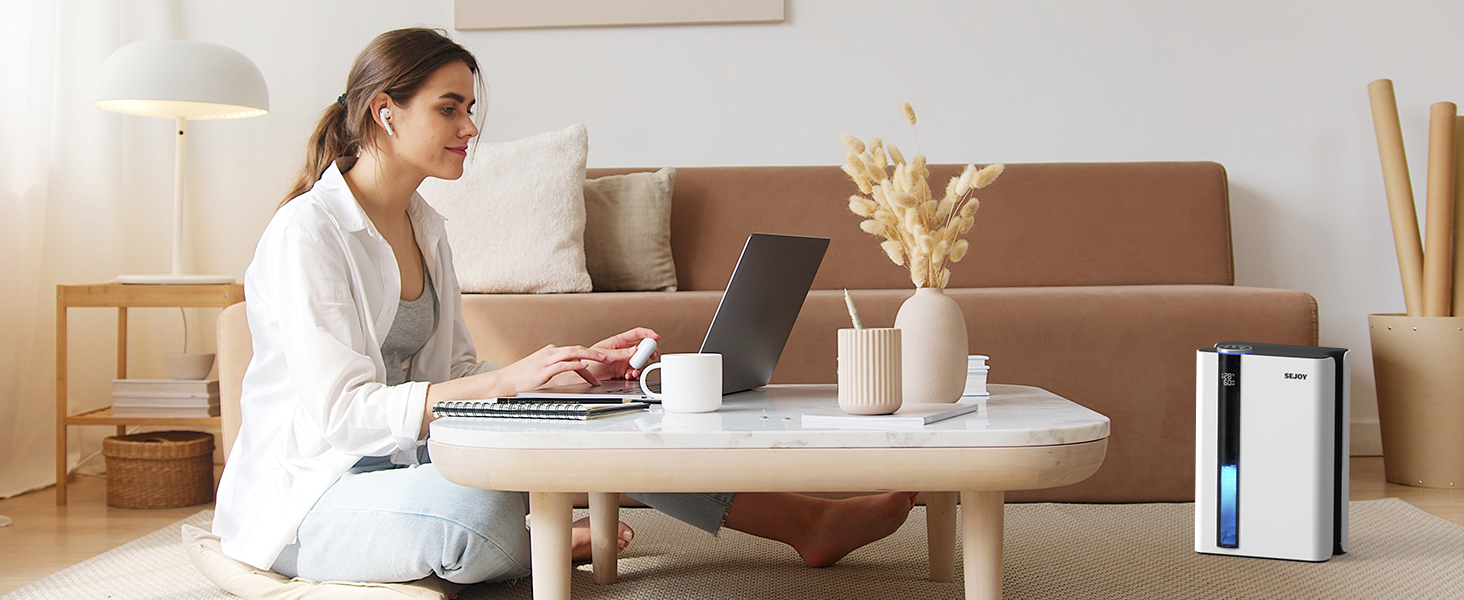 Електричний осушувач повітря Sejoy з пультом дистанційного керування, LED-індикатором вологості, резервуаром 2,5 л, продуктивністю 1000 мл/день, 7-кольоровою підсвіткою, портативний, тихий режим сну 35dB
