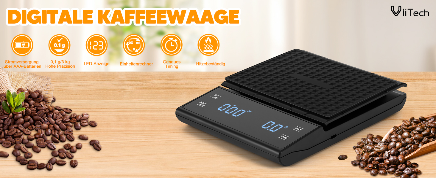 Електронні ваги для кави Viitech, до 3 кг, з таймером, 0.1 г, для дому та офісу